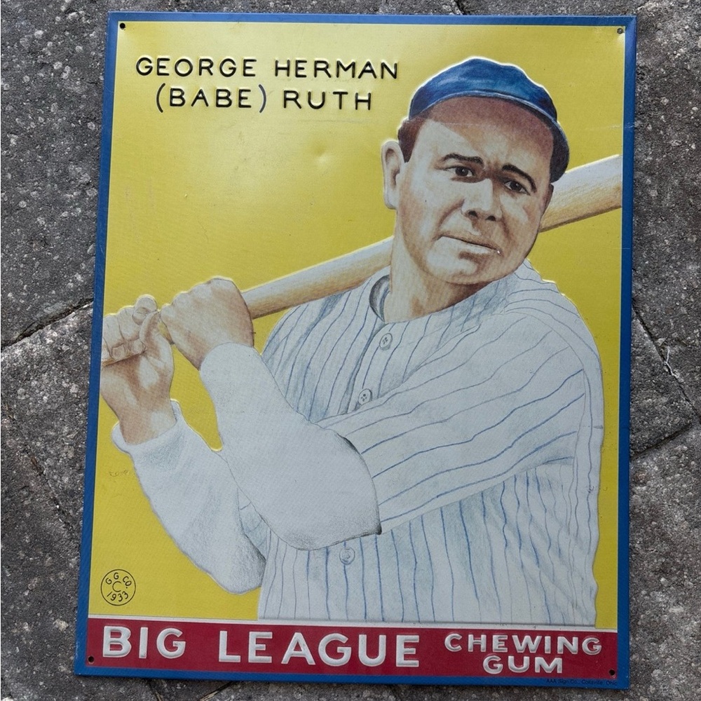 VTG George Herman BABE RUTH Big League Chewing Gum Tin Sign 15"x12" 1933 90s